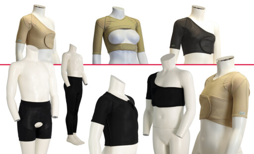 DMO Essentials landscape image. Product image and montage. Three images at the top of the image and five underneath. There is a thin red line separating the two. Top line L-R dmo essentials single shoulder, dmo essentials double shoulder, dmo essentials black single shoulder, dmo essentials open crotch black shorts, dmo essentials lblack leggings, dmo essentials black vest, dmo essentials single shoulder black, dmo essentials double shoulder male in beige