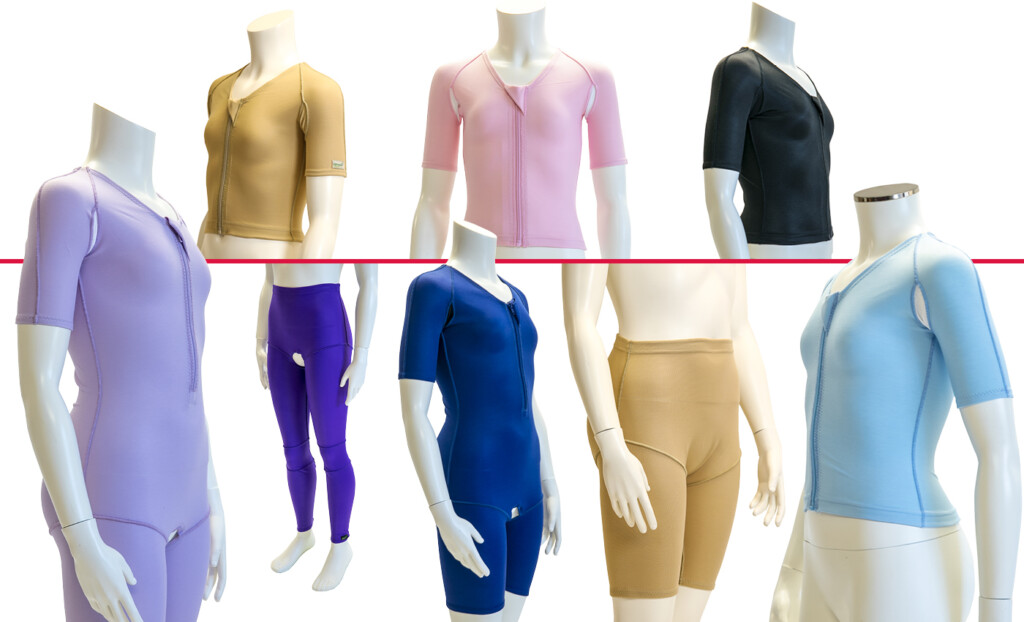 photo montage of all the DMO sensory products including made-to-measure. DMO lilac sensory suit, DMO beige sensory vest, DMO purple sensory leggings, DMO pink sensory vest, DMO dark blue sensory suit, DMO beige sensory shorts, DMO black sensory vest, DMO light blue sensory vest all stacked in two lines with a red line in the middle