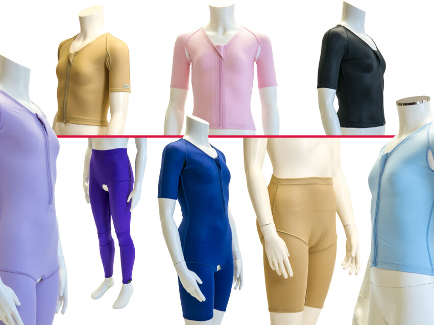photo montage of all the DMO sensory products including made-to-measure. DMO lilac sensory suit, DMO beige sensory vest, DMO purple sensory leggings, DMO pink sensory vest, DMO dark blue sensory suit, DMO beige sensory shorts, DMO black sensory vest, DMO light blue sensory vest all stacked in two lines with a red line in the middle