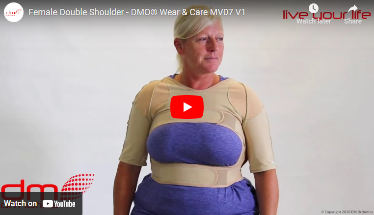 youtube thumbnail of a lady standing in a purple top wearing a female double shoulder orthosis