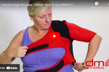 youtube thumbnail of a lady in a purple vest top about to put on a black and red dmo single shoulder orthosis