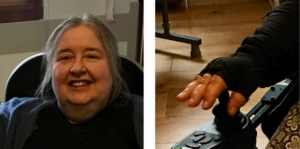 Janet smilling at the camera and janet's hand in a glove side by side in a collage