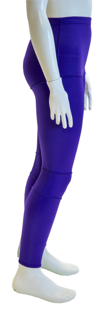 made-to-measure sensory leggings on a mannequin in a purple colour with an open crotch. Side on view