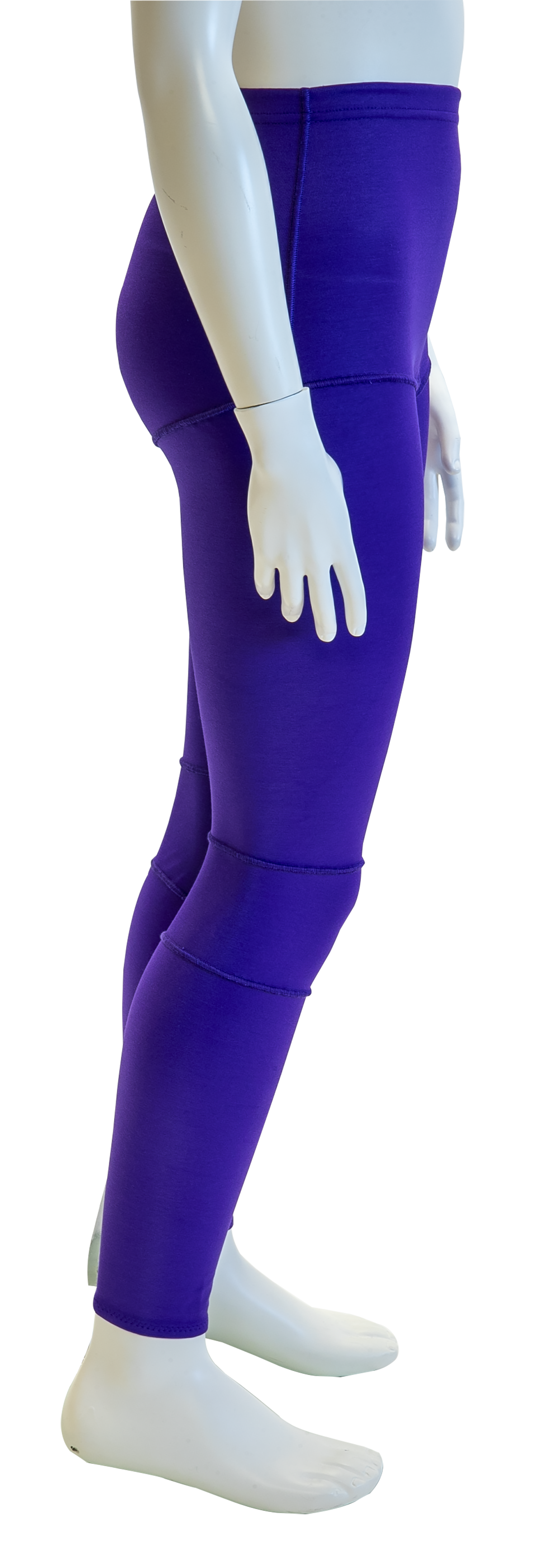 made-to-measure sensory leggings on a mannequin in a purple colour with an open crotch. Side on view