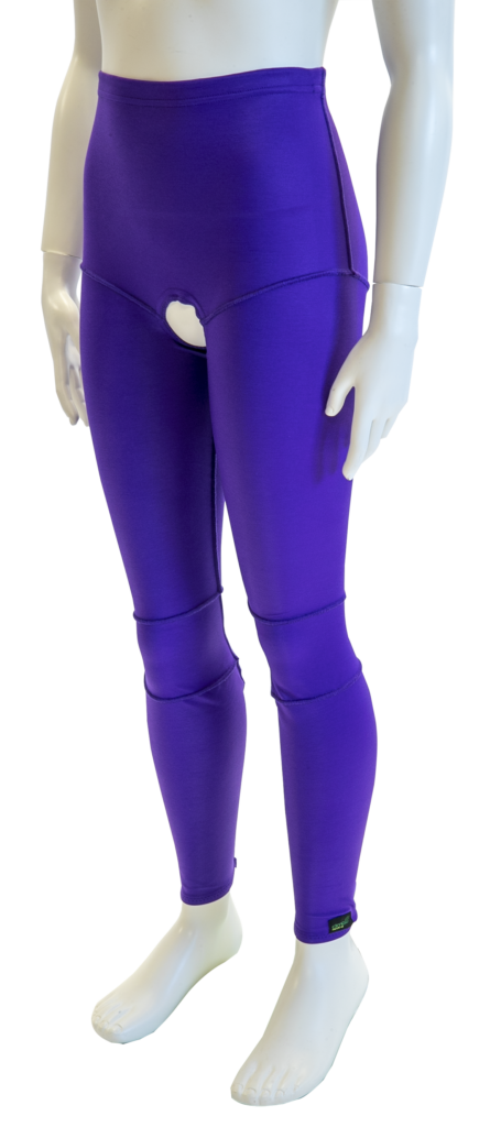 made-to-measure sensory leggings on a mannequin in a purple colour with an open crotch