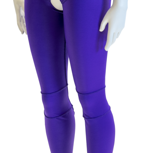 made-to-measure sensory leggings on a mannequin in a purple colour with an open crotch