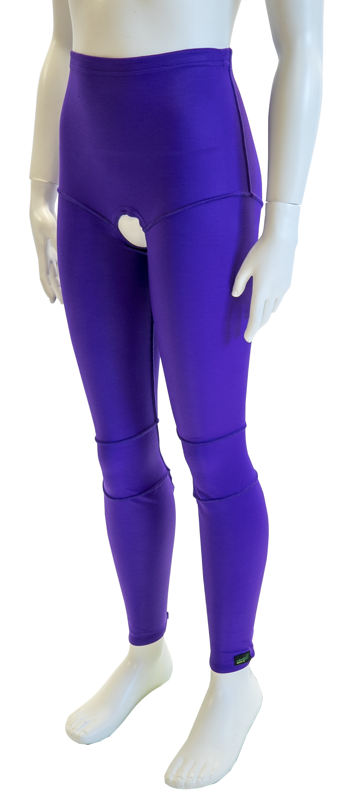 made-to-measure sensory leggings on a mannequin in a purple colour with an open crotch