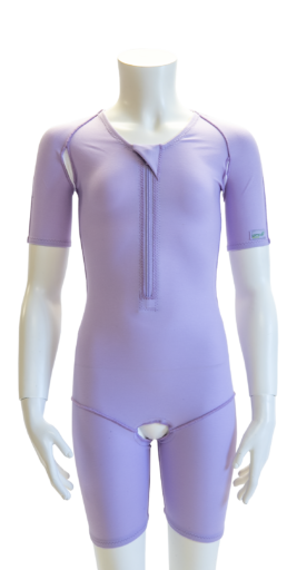 dmo® sensory made-to-measure suit in short arm and short leg and open crotch variation. In lilac on a mannequin