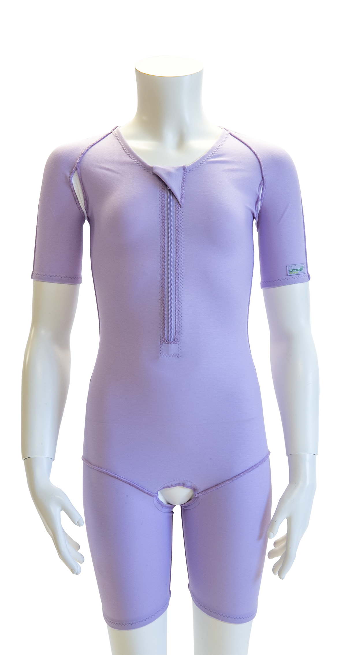 dmo® sensory made-to-measure suit in short arm and short leg and open crotch variation. In lilac on a mannequin