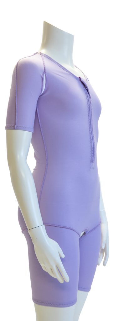 dmo® sensory made-to-measure suit in short arm and short leg and open crotch variation. In lilac on a mannequin