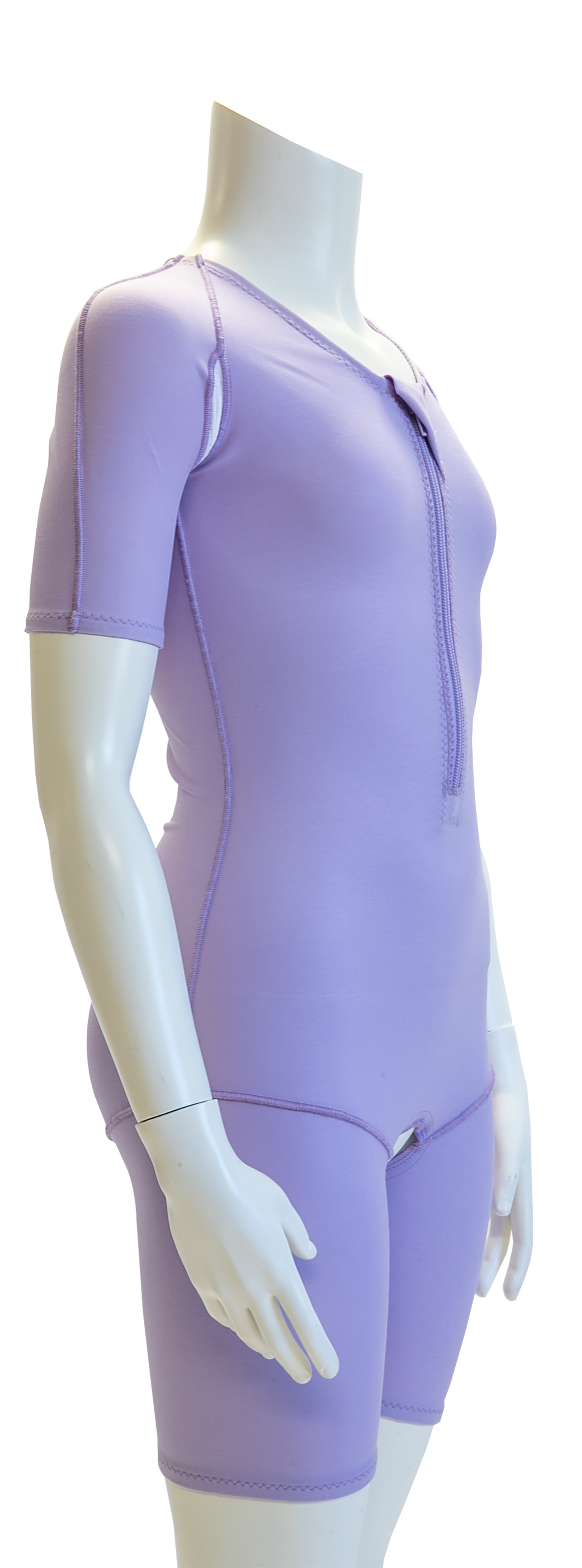 dmo® sensory made-to-measure suit in short arm and short leg and open crotch variation. In lilac on a mannequin