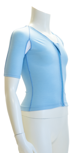 dmo sensory made-to-measure vest in baby blue on a torso mannequin which is white