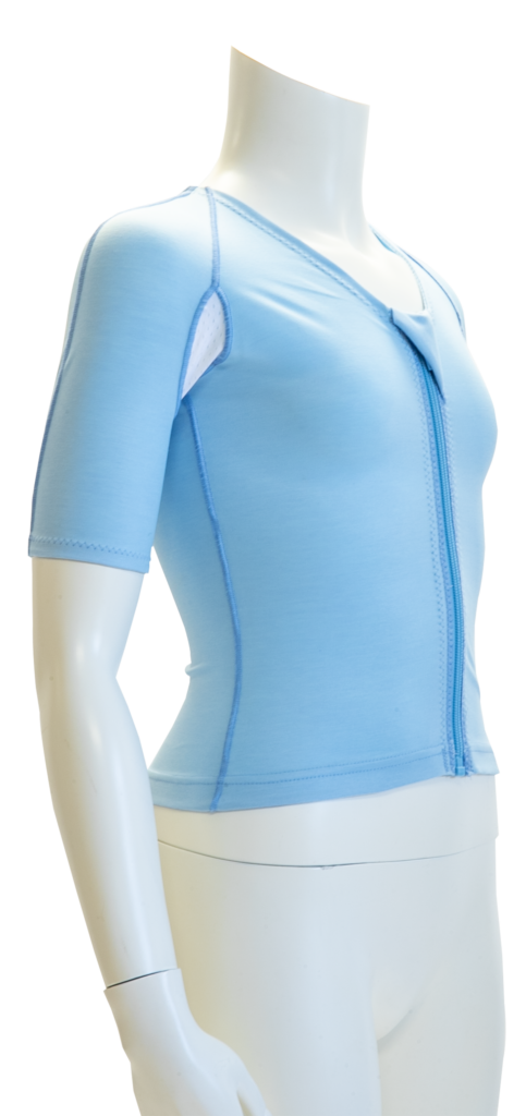 dmo sensory made-to-measure vest in baby blue on a torso mannequin which is white