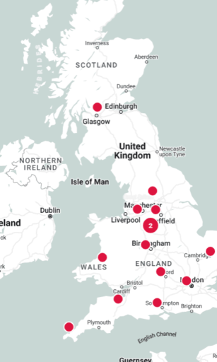 dmo-clinic-near-you Map of the UK with red pins in all of our clinic locations